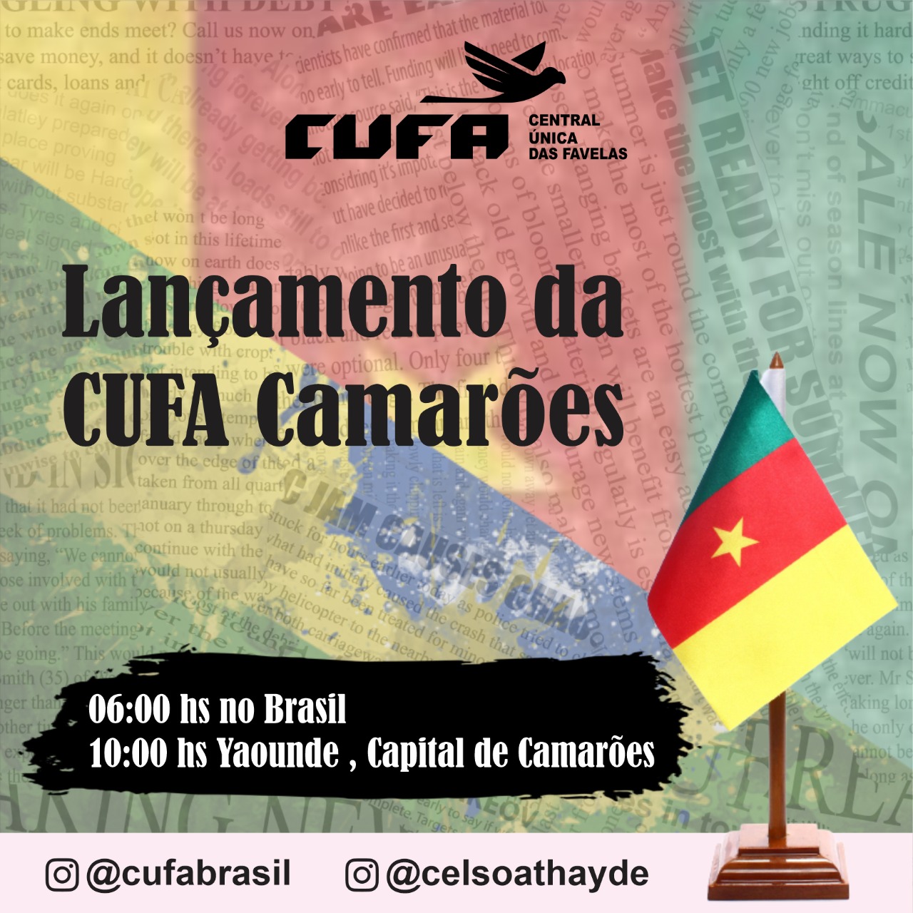 Amanhã (19), às 6h no Brasil, haverá o lançamento da CUFA Camarões, que acontecerá, ao vivo, pelo perfil da @cufabrasil e do nosso fundador @celsoathayde.