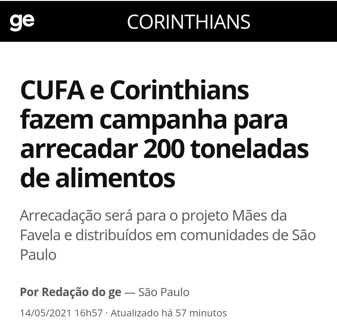 CUFA e CORINTHIANS fazem campanha para arrecadar 200 toneladas de alimentos